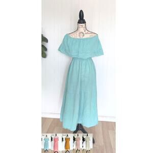 Mexican Peasant Off Shoulder Midi Dress Pastel Colors Beach One Size (Fits S-XL)